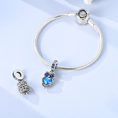 925 sterling silver owl charm with blue crystal eyes and glowing blue heart pendant
