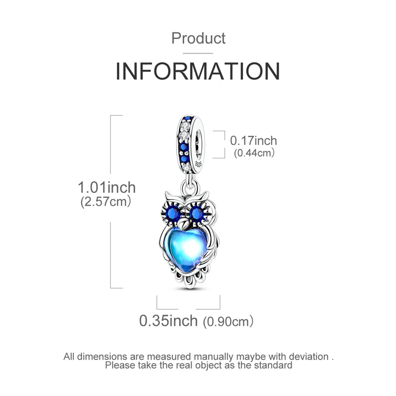925 sterling silver owl charm with blue crystal eyes and glowing blue heart pendant
