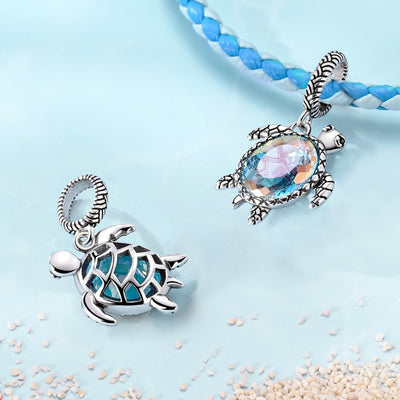 Sterling silver sea turtle charm with colourful crystal shell pendant for bracelet