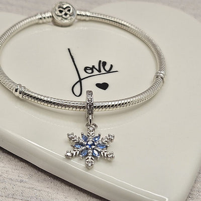 Sparkling snowflake dangle charm 925 sterling silver with blue and clear zirconia winter jewelry gift