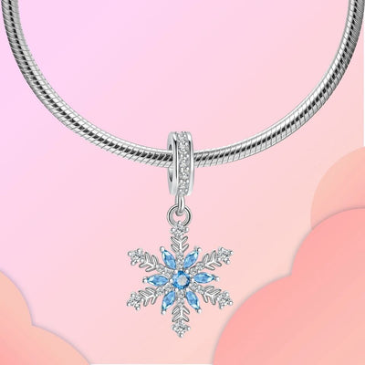 Sparkling snowflake dangle charm 925 sterling silver with blue and clear zirconia winter jewelry gift