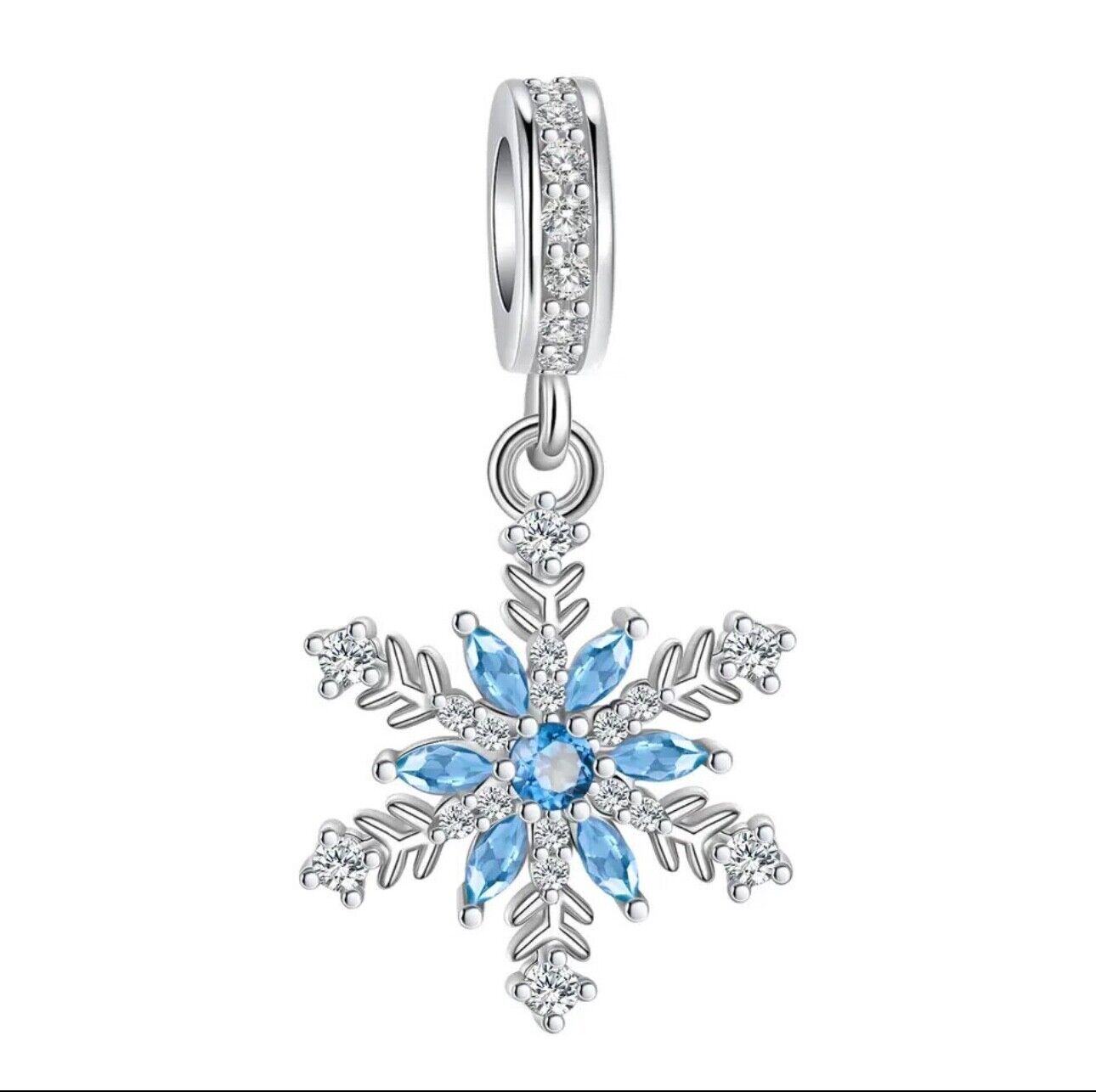 Sparkling snowflake dangle charm 925 sterling silver with blue and clear zirconia winter jewelry gift