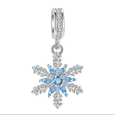 Sparkling snowflake dangle charm 925 sterling silver with blue and clear zirconia winter jewelry gift
