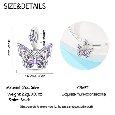 Sterling silver butterfly charm with purple and clear sparkling stones elegant jewelry pendant