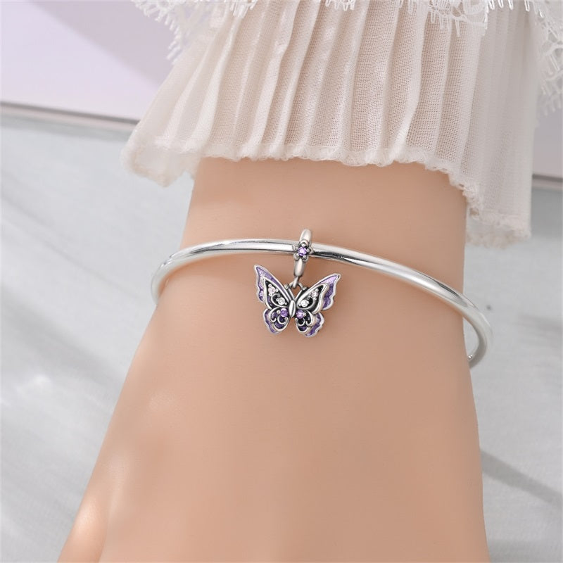 Sterling silver butterfly charm with purple and clear sparkling stones elegant jewelry pendant
