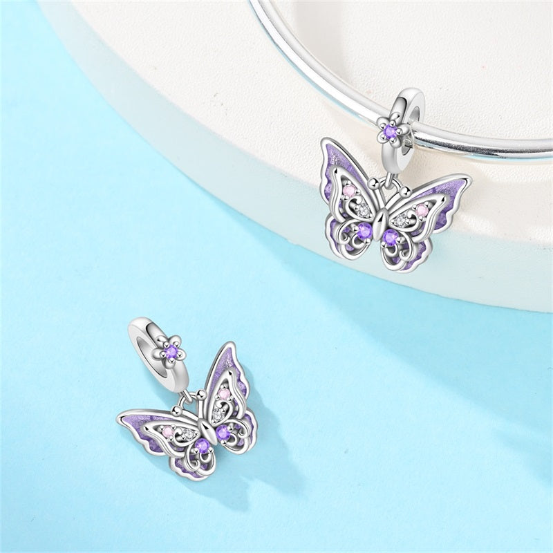 Sterling silver butterfly charm with purple and clear sparkling stones elegant jewelry pendant