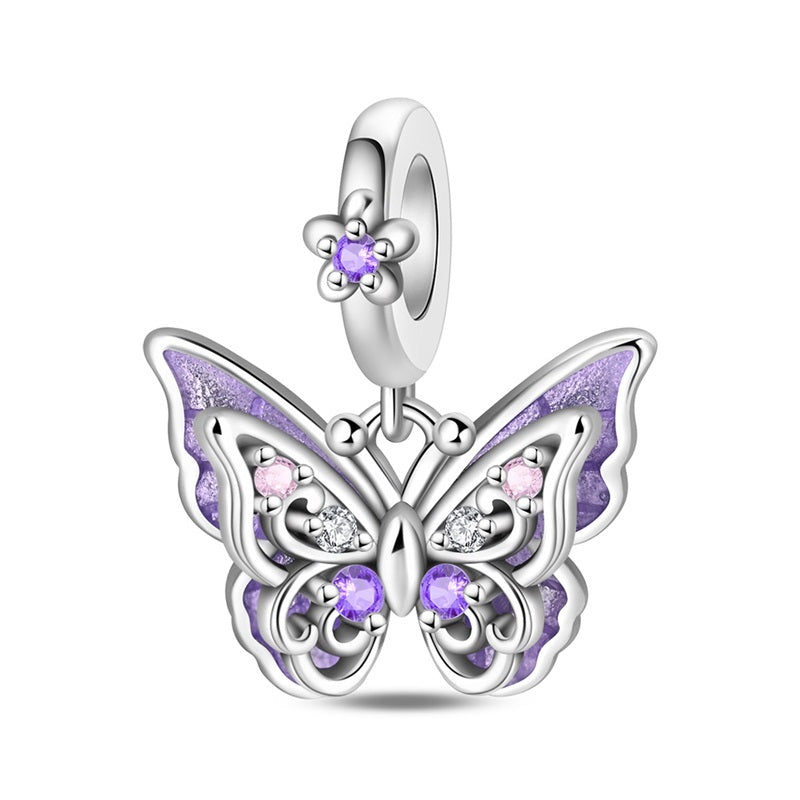 Sterling silver butterfly charm with purple and clear sparkling stones elegant jewelry pendant