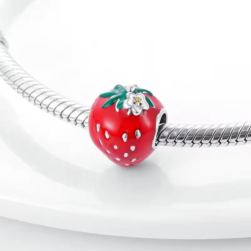Strawberry bead charm 925 sterling silver red enamel fruit jewelry bracelet accessory gift for women