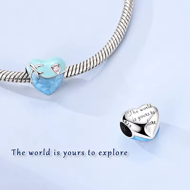 Travel heart airplane charm 925 sterling silver blue enamel pink zirconia engraved travel bead jewelry gift