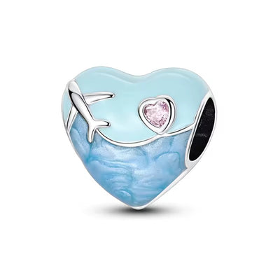 Travel heart airplane charm 925 sterling silver blue enamel pink zirconia engraved travel bead jewelry gift