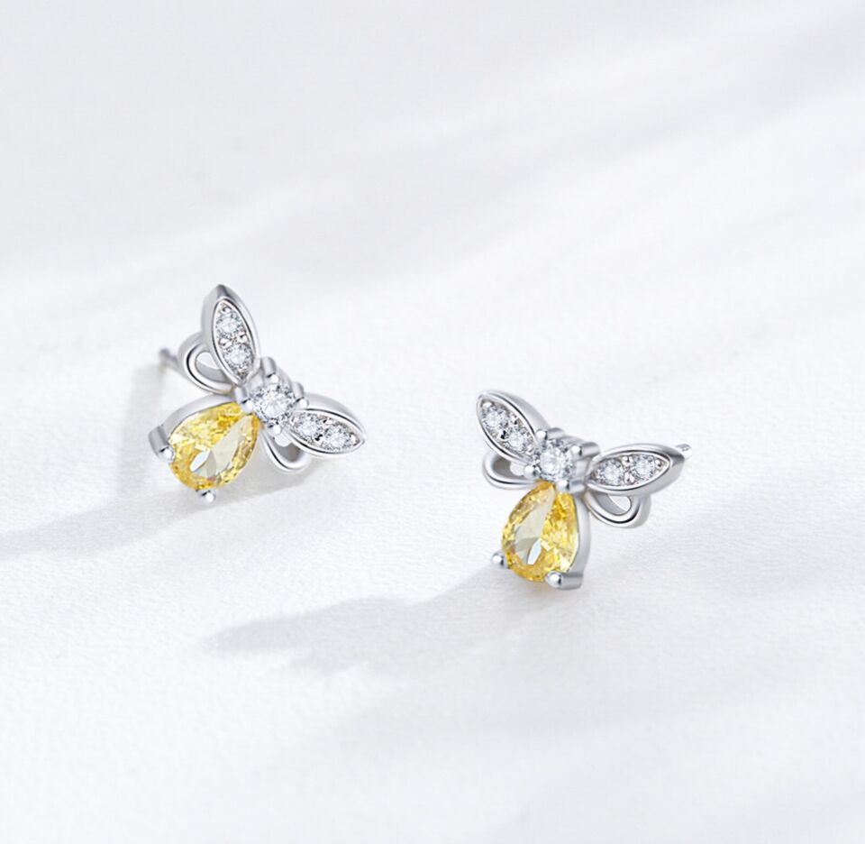Yellow Zirconia Honey Bee Stud Earrings