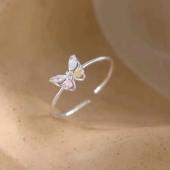 Adjustable Butterfly Silver Ring with Pastel Enamel Accents - bellissi