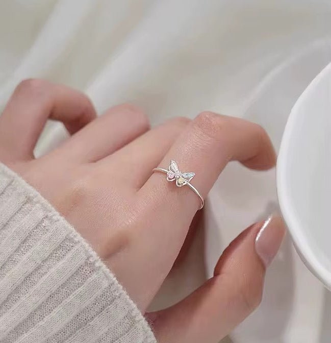 Adjustable Butterfly Silver Ring with Pastel Enamel Accents - bellissi