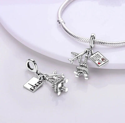 Airplane Love Paris Eiffel Tower Dangle Charm - bellissi