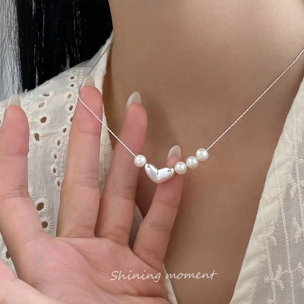 Asymmetric Love Necklace – Silver Heart with Pearls - bellissi