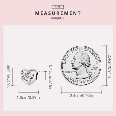 Measurement chart comparing a heart-shaped charm to a quarter dollar coin on a pink background.