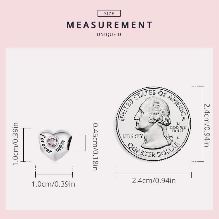 Measurement chart comparing a heart-shaped charm to a quarter dollar coin on a pink background.