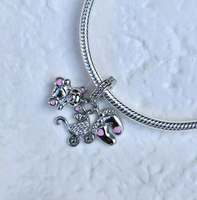 Baby Feet Pram & Teddy Bear Dangle Charm - bellissi
