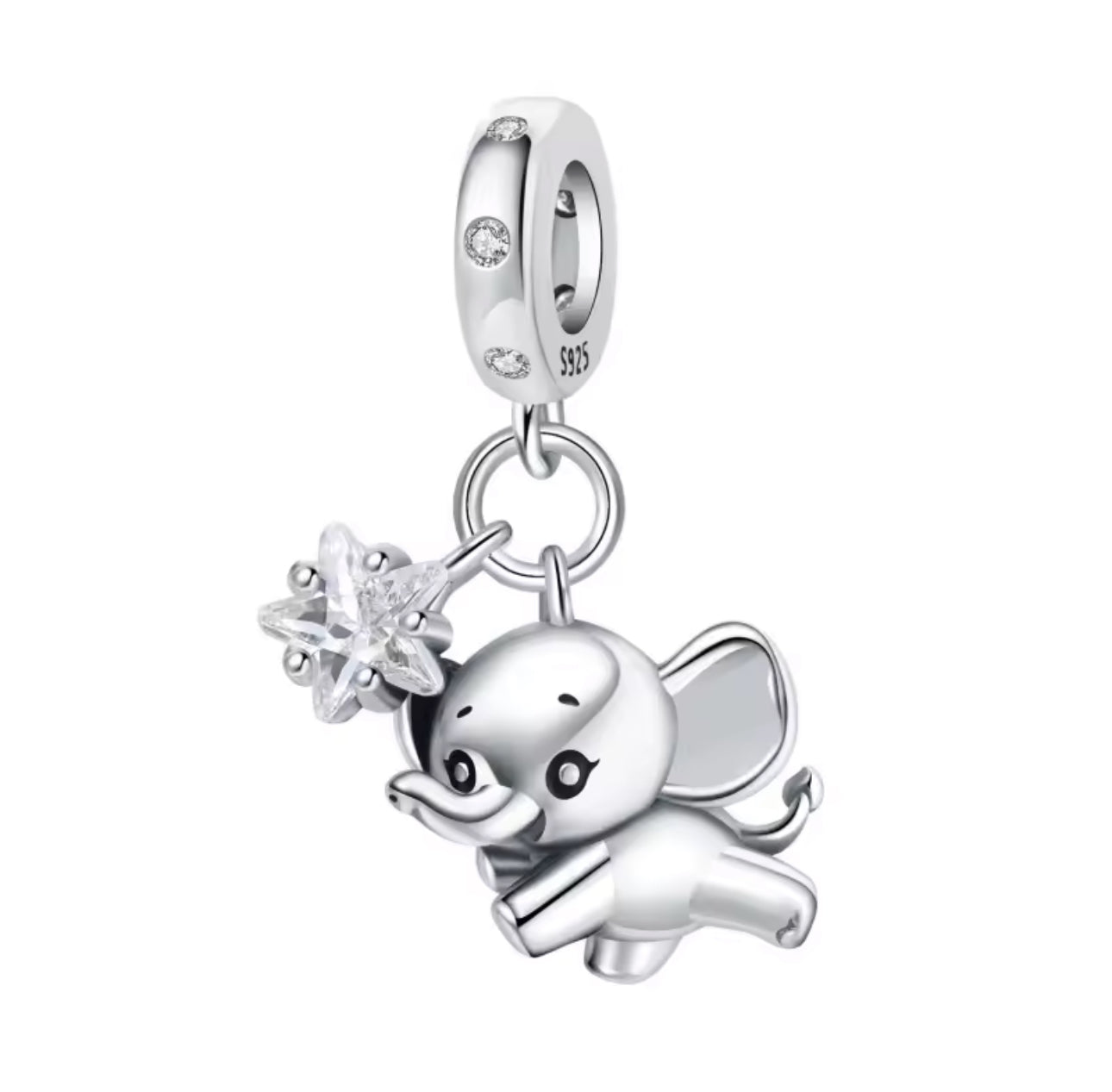 Baby Lucky Elephant whit Zircon Star Dangle Charm - bellissi