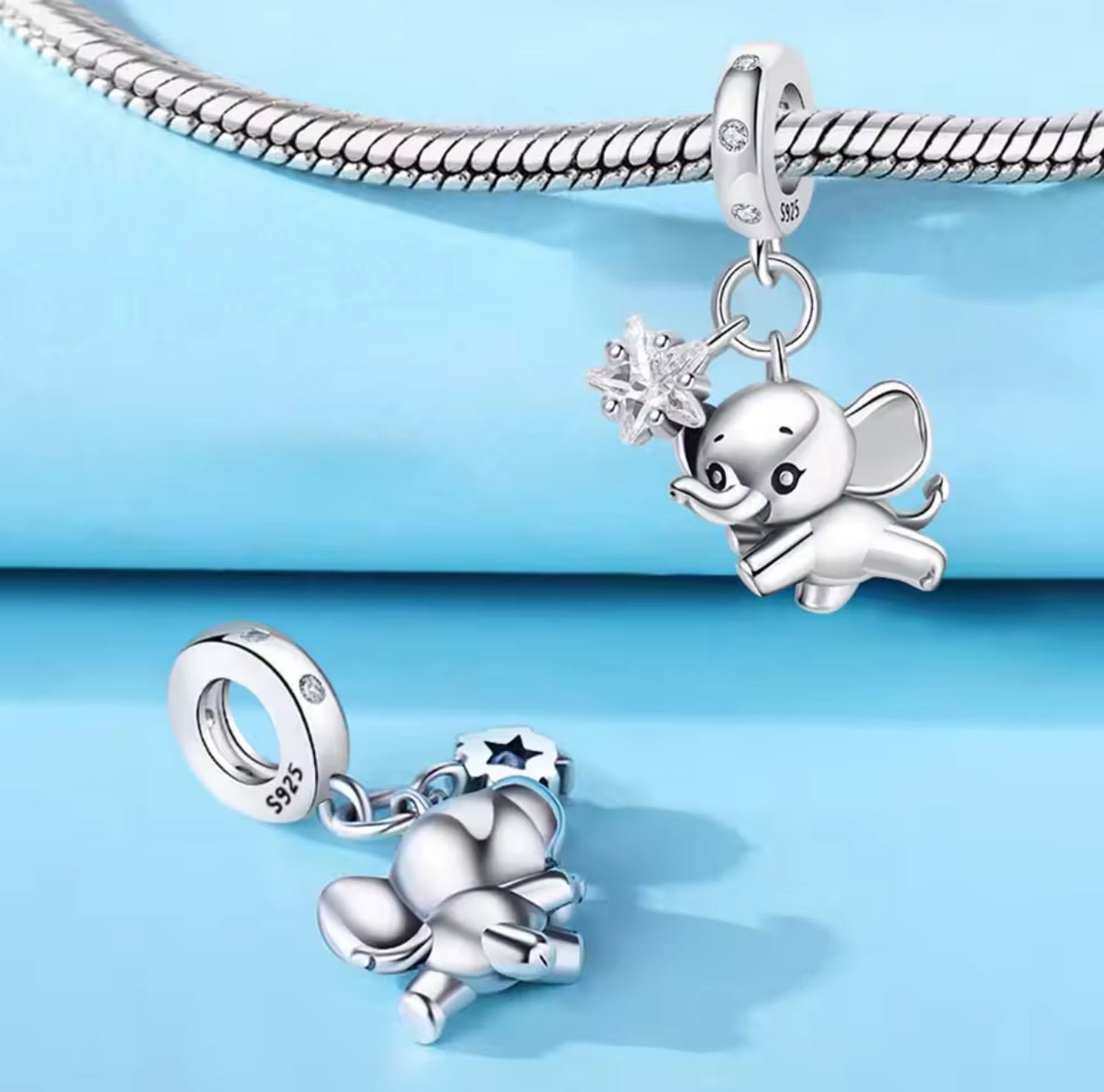 Baby Lucky Elephant whit Zircon Star Dangle Charm - bellissi
