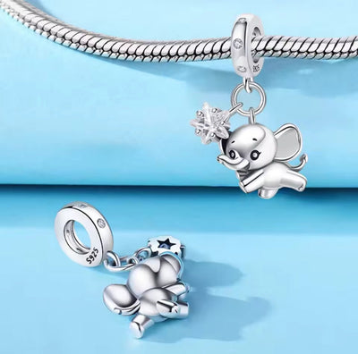 Baby Lucky Elephant whit Zircon Star Dangle Charm - bellissi