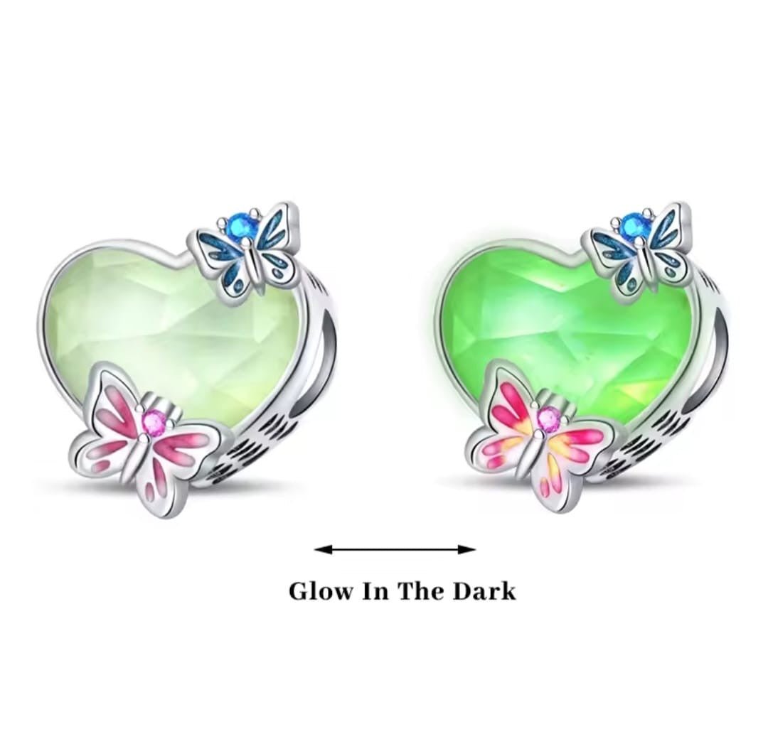 Butterfly on Heart Glow in Dark Charm - bellissi