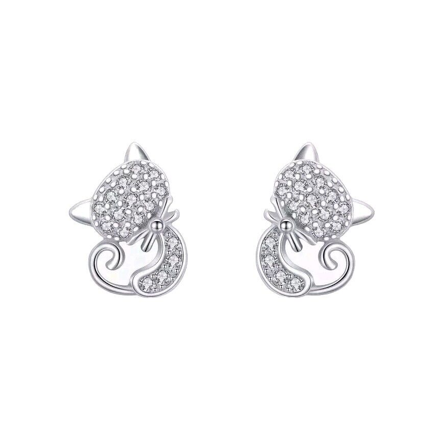 Cat Kitty Sparkling Zirconia Stud Earrings - bellissi