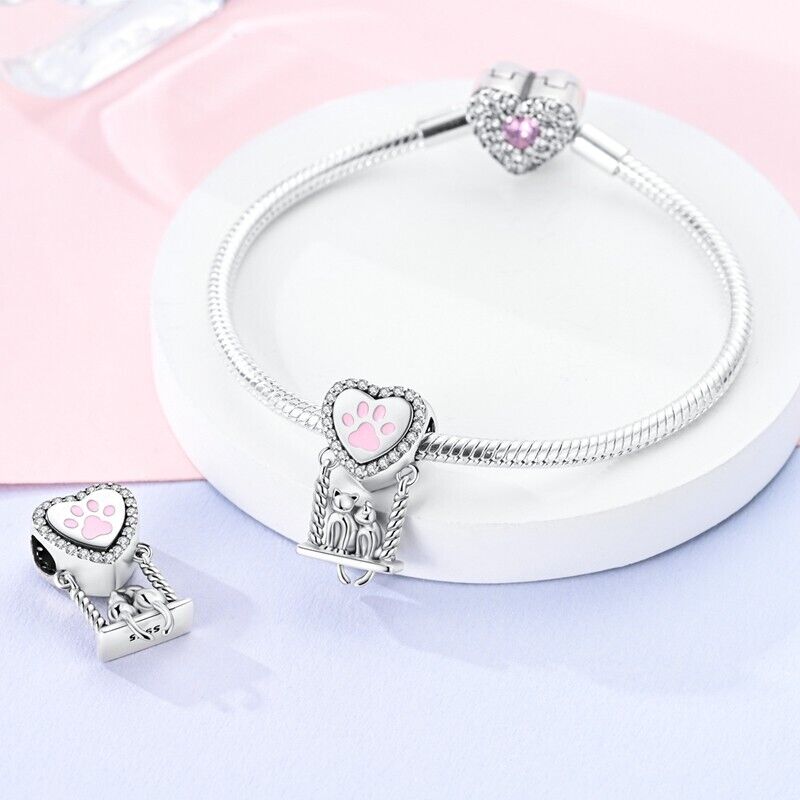 Cats On A Swing Heart Dangle Charm - bellissi