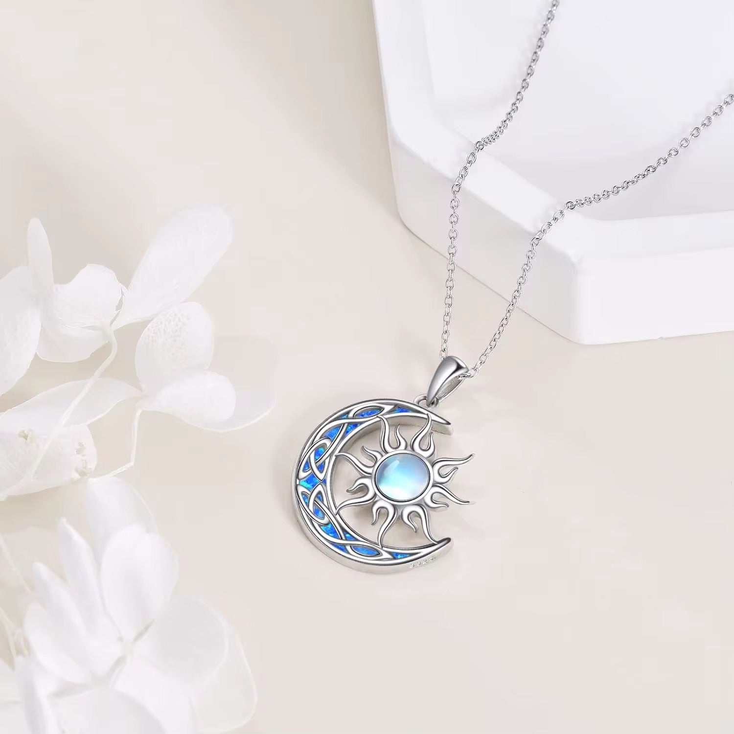 Celestial Moon Sun Necklace Blue Opal Dream Charm - bellissi