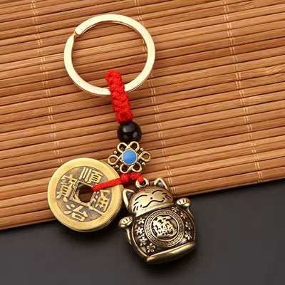 Chinese Lucky Cat & Coin Five Emperors Money Keychain - bellissi