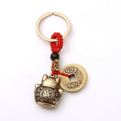 Chinese Lucky Cat & Coin Five Emperors Money Keychain - bellissi
