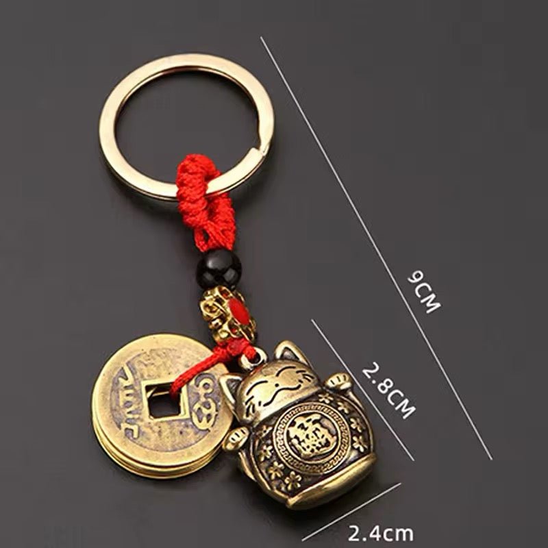 Chinese Lucky Cat & Coin Five Emperors Money Keychain - bellissi