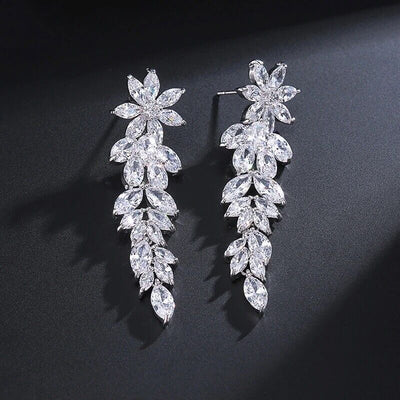 Cluster Flower Shape Cubic Zirconia Long Dangle Drop Earrings - bellissi
