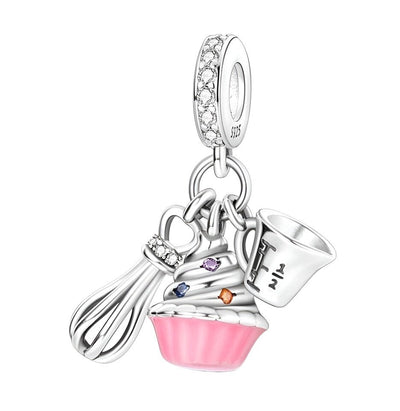 Silver cupcake muffin charm with colourful zirconia stones and dessert design for charm bracelet