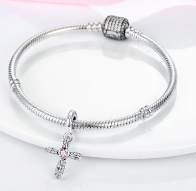 Cross With Pink Zirconia Heart Dangle Charm - bellissi
