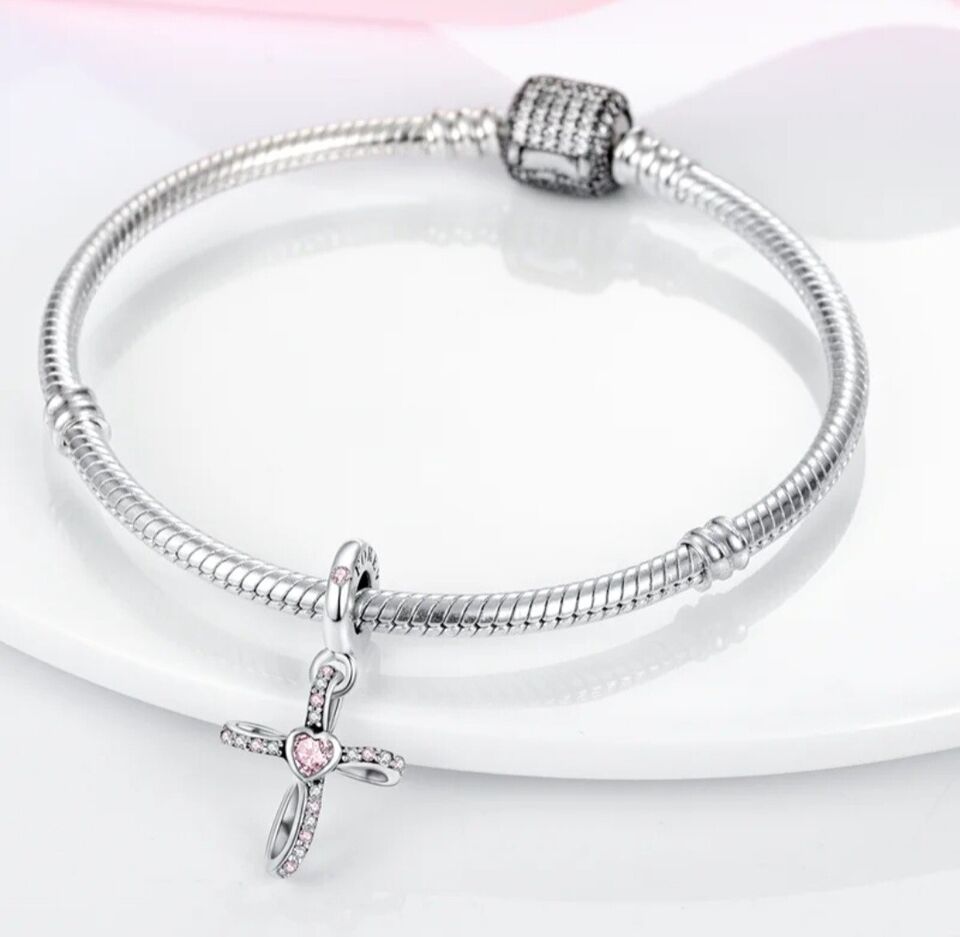 Cross With Pink Zirconia Heart Dangle Charm - bellissi