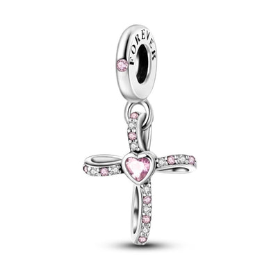 Cross With Pink Zirconia Heart Dangle Charm - bellissi
