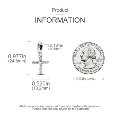 Cross With Pink Zirconia Heart Dangle Charm - bellissi