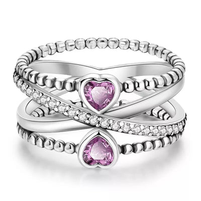 Crossover Ring With Cubic Zirconia Pink Hearts - bellissi