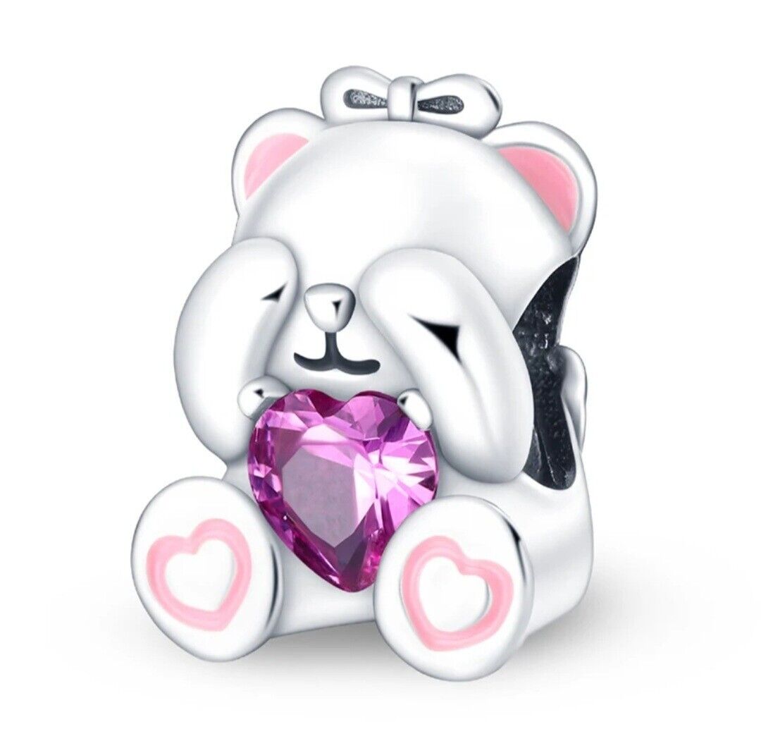 Cute Teddy Bear With Pink Zirconia Heart Charm - bellissi