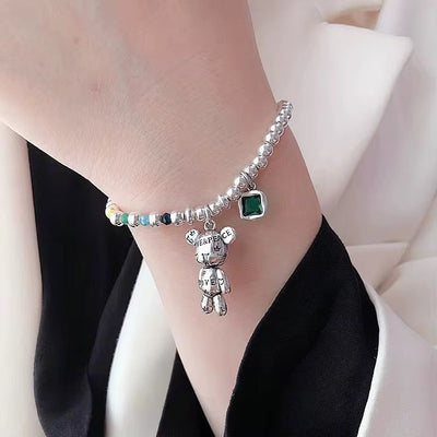 Cute Teddy Charm Bracelet with Green Gem - bellissi