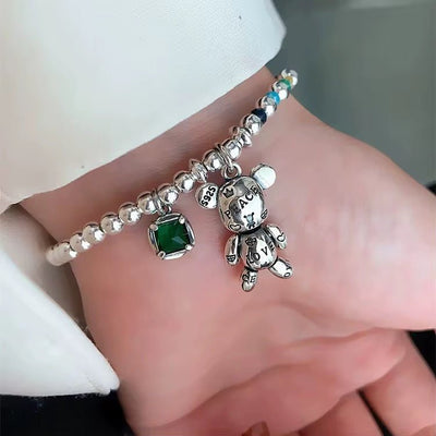 Cute Teddy Charm Bracelet with Green Gem - bellissi