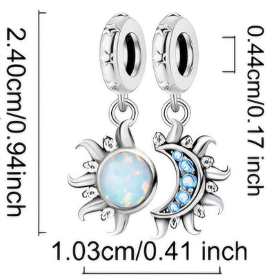 Sterling silver double charm bead with sun and moon design opal stone and blue crystals for bracelet
