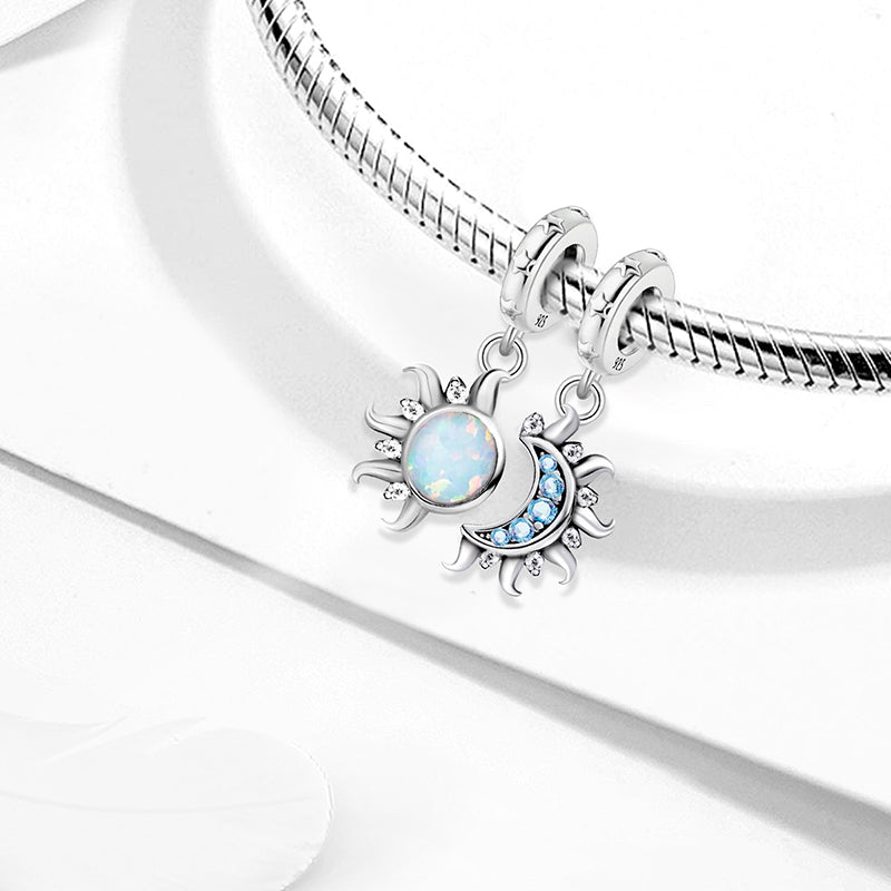 Sterling silver double charm bead with sun and moon design opal stone and blue crystals for bracelet