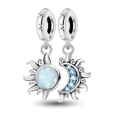 Sterling silver double charm bead with sun and moon design opal stone and blue crystals for bracelet