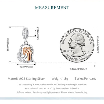 Sterling silver and rose gold girl and horse heart dangle charm with “Love You Forever” engraving 925 equestrian bead