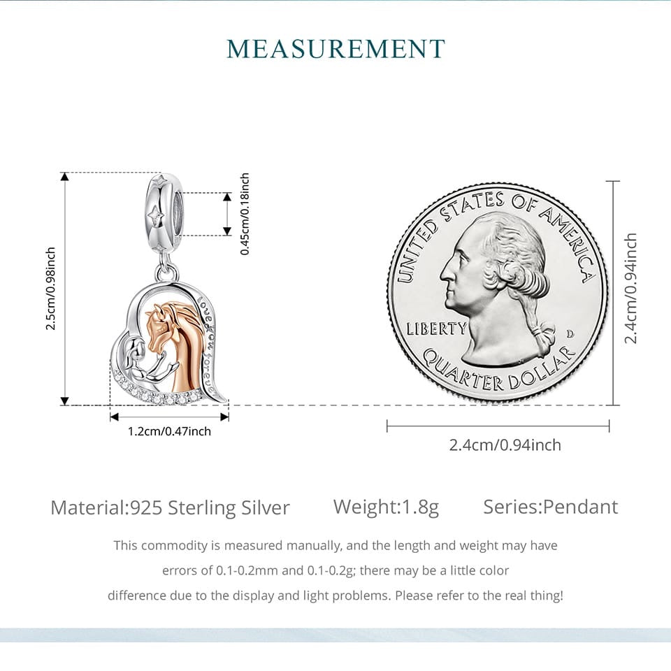 Sterling silver and rose gold girl and horse heart dangle charm with “Love You Forever” engraving 925 equestrian bead