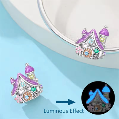 925 sterling silver fairy cottage charm with purple glow in the dark roof pink flower green stone and blue crystal