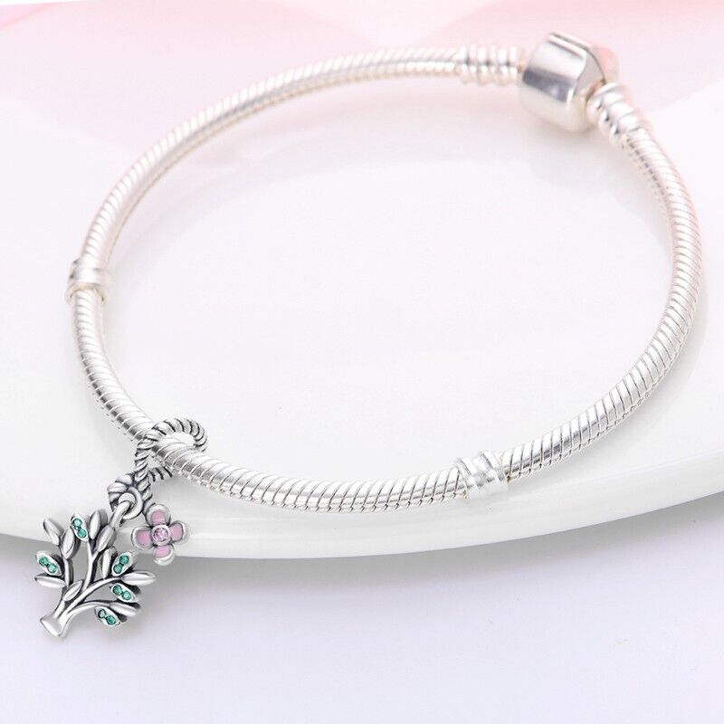 Family Tree & Pink Flower Dangle Charm - bellissi