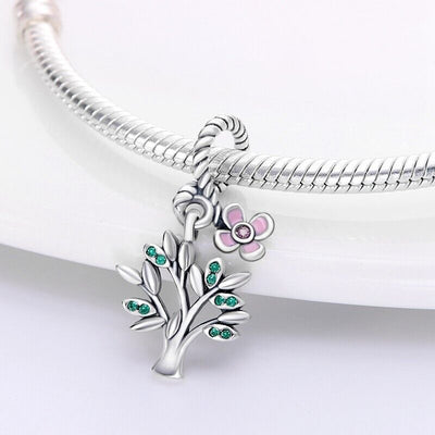 Family Tree & Pink Flower Dangle Charm - bellissi
